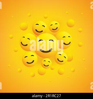 Varie emoticon sorridenti felici di fronte a uno sfondo giallo, concetto vettore Illustrazione Vettoriale