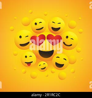 Vari emoticon sorridenti con occhi a forma di cuore davanti a uno sfondo giallo Illustrazione Vettoriale