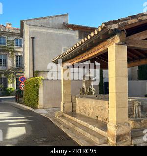 Fontana d'acqua e lavatoio pubblico tradizionale (lavoir) nel centro storico del villaggio, Maussane-les-Alpilles, Bocche del Rodano, Provenza-Alpi-Costa Azzurra, Francia Foto Stock