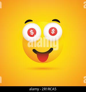 Emoji sorridente con segni del dollaro negli occhi - Emoticon felice semplice su sfondo giallo - Vector Design Illustrazione Vettoriale