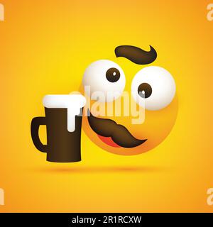 Emoji sorridente - Emoticon semplice e felice con occhi squint Pop out, Mustache e un bicchiere di birra su sfondo giallo Illustrazione Vettoriale