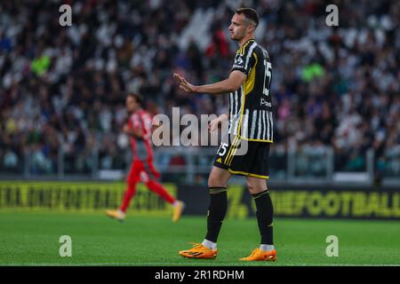 Torino, Italia. 14th maggio, 2023. Federico Gatti della Juventus FC ha visto durante la Serie Una partita di calcio del 2022/23 tra Juventus FC e i Cremonesi americani allo stadio Allianz. Punteggio finale; Juventus 2:0 Cremonese. (Foto di Fabrizio Carabelli/SOPA Images/Sipa USA) Credit: Sipa USA/Alamy Live News Foto Stock