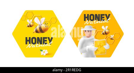Set di etichette per barattoli di miele con disegno grappico 3D illustrazione di apicoltore e api, disegno di imballo Illustrazione Vettoriale