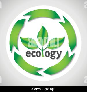 Ecologico o concetto ambientale o di un logo. Foglie verdi su un albero con l'ecologia testo nero cerchio con frecce. Illustrazione Vettoriale