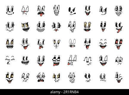 Volti retro comici. Toons vintage, diversi personaggi con emozioni espressive, cartoni animati di vecchio stile, divertenti personaggi mascotte, mascotte in gomma faccia con Illustrazione Vettoriale