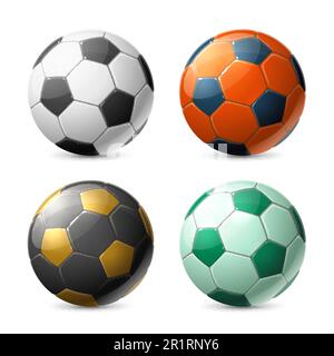 Palline da calcio dai colori realistici. Inventario sportivo 3D isolato, oggetto di gioco di squadra, attrezzatura da calcio, stampa classica geometrica e diversi colori Illustrazione Vettoriale