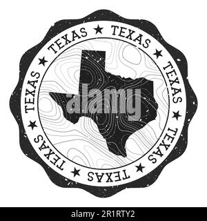 Francobollo per esterni del Texas. Adesivo rotondo con mappa dello stato degli Stati Uniti con isoline topografiche. Illustrazione vettoriale. Illustrazione Vettoriale