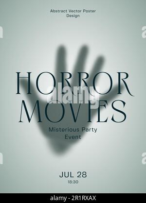 Horror Movies Party Diffuse Palm Hand Silhouette Abstract Vector Poster Template. Stampa a mano sfocata su un vetro opaco con moderna tipografia isolata Illustrazione Vettoriale