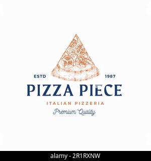 Cucina Italiana Abstract Vector Sign Logo Template. Pezzo di pizza disegnata a mano con retro Typography. Emblema della cucina mediterranea tradizionale Illustrazione Vettoriale