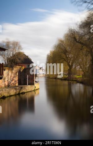 Un fiume tranquillo con alberi ed edifici Foto Stock