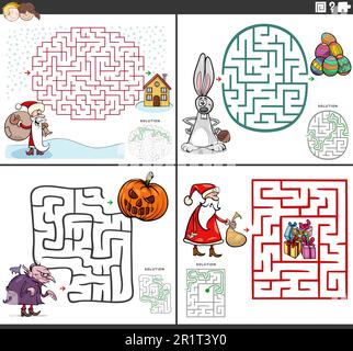 Cartoon illustrazione di giochi di puzzle labirinto set con personaggi comici delle feste Illustrazione Vettoriale