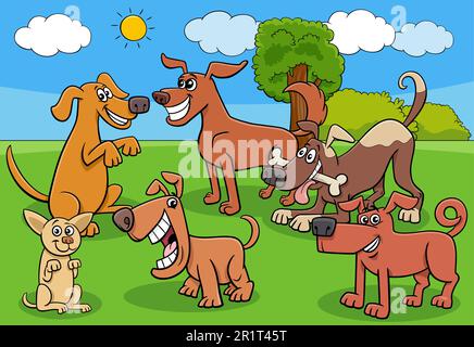 Cartoon illustrazione di cani divertenti e cuccioli di personaggi animali gruppo nel prato Illustrazione Vettoriale