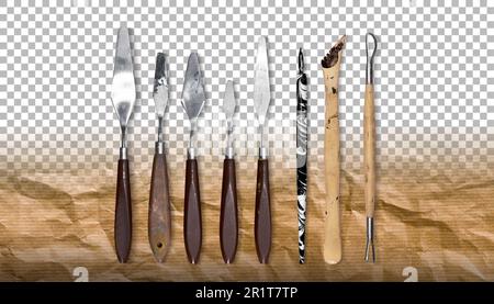 Set di diverse spatole a coltello della tavolozza isolate su sfondo bianco. Foto Stock