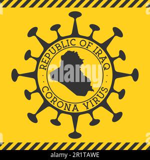 Corona virus in Repubblica di Iraq segno. Distintivo rotondo con forma di virus e mappa della Repubblica dell'Iraq. Timbro di blocco per l'epidemia del paese giallo. Illustrazione Vettoriale
