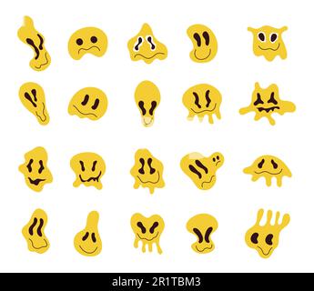 Set vettoriale per le facce di emoticon grovy istorted. Emoji che sgocciola i doodle retrò. Illustrazione Vettoriale