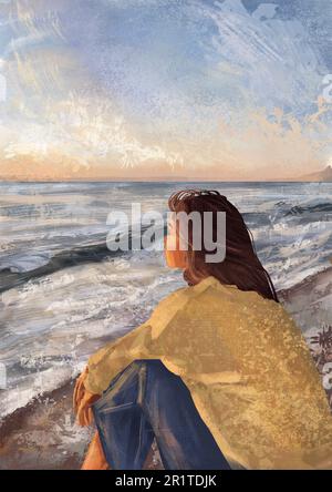 Woman at the Sea sta contemplando con Waves Art Print. Astratto sfondo minimo. Arte bohémien stampabile da parete, bohémien poster, pastello astratto arte Foto Stock