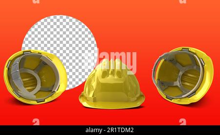 Set di elmetto di sicurezza giallo per lavoratori. Foto Stock