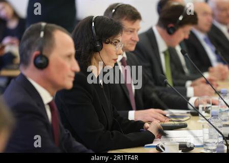 Zagabria, Croazia. 15th maggio, 2023. Il ministro degli Esteri Hadja Lahbib ha illustrato nel corso di un incontro bilaterale nel corso di una visita di lavoro del ministro degli Esteri belga nella regione dei Balcani, lunedì 15 maggio 2023, a Zagabria, in Croazia. BELGA PHOTO VIRGINIE LEFOUR Credit: Agenzia Notizie Belga/Alamy Live News Foto Stock