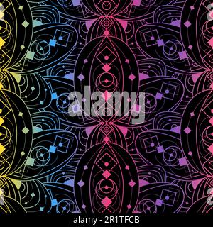 Motivo colorato senza cuciture con fiori di loto contorno su sfondo nero. Splendido sfondo di lusso ornamento geometrico lineare. Fiori di loto dorati. Illustrazione Vettoriale