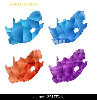 Insieme di mappe poligonali vettoriali del Sudafrica. Mappa del paese con gradiente luminoso in basso stile polietilene. Illustrazione Vettoriale