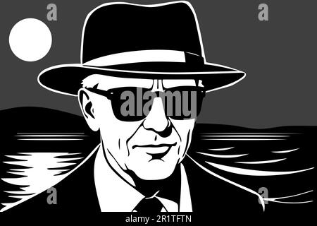 Gangster retrò sulla spiaggia. Illustrazione vettoriale di un uomo in un cappello e occhiali da sole sullo sfondo del mare. Illustrazione Vettoriale