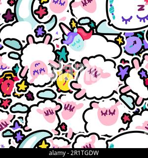 Riposo notturno, pattern senza cuciture vettoriale a riposo. Carta da parati con simpatici animali addormentati Illustrazione Vettoriale