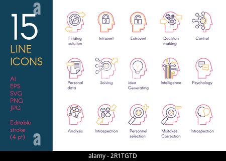 Set di icone lineari a colori per attività mentale. Pittogrammi a linea sottile blu e giallo per il pensiero analitico Illustrazione Vettoriale
