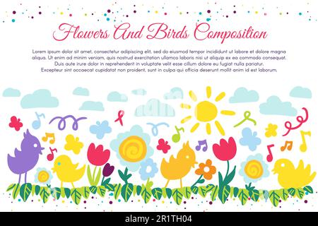 Striscione piatto di uccelli e fiori con copyspace. Poster primaverile, composizione di pollo e fiori Illustrazione Vettoriale