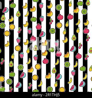 Frutta esotica con motivo a righe senza cuciture. Frutta estiva, ciliegia su sfondo bianco e nero a strisce Illustrazione Vettoriale