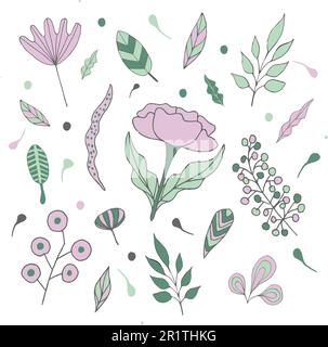 Semplici disegni astratti a mano di varie forme e doodles.Botanical natura fiori e foglie oggetti. Illustrazione Vettoriale