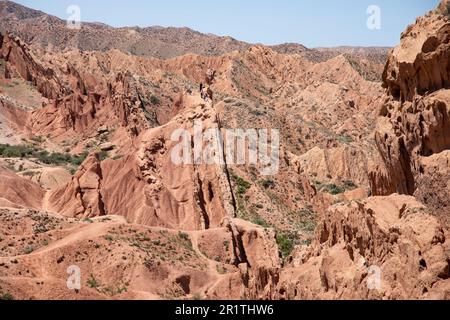 Foto panoramica dell'arido deserto dello Skazka Canyon in Kirghizistan. Foto Stock