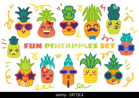 Divertente set di adesivi disegnati a mano con ananas. Frutti tropicali carini con varie espressioni facciali Illustrazione Vettoriale