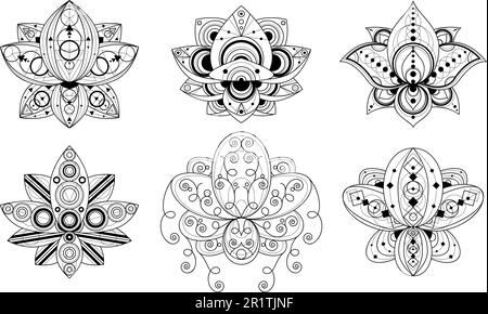 Fiore di loto con ornamento geometrico set di illustrazioni lineari. Confezione di simboli sacri indiani Illustrazione Vettoriale