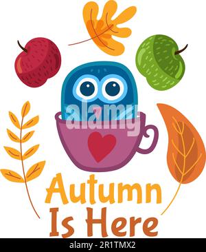 Divertente adesivo autunnale con gufo cartone animato, frutta e foglie gialle sullo sfondo. Etichetta carina per il disegno del biglietto d'auguri. Benvenuto illustrazione vettore autunno Illustrazione Vettoriale