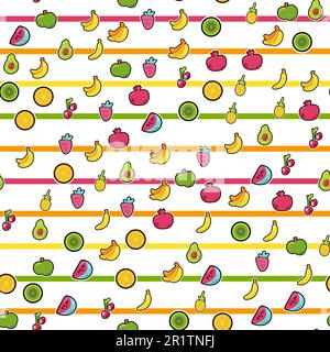 Esotico estate frutti vettore senza cuciture modello. Adesivi frutta su sfondo multicolore a righe Illustrazione Vettoriale