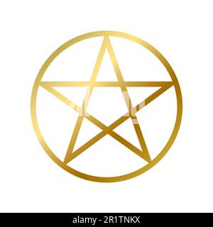 Wicca pentagramma simbolo di fede isolato. Occultismo religioso stella d'oro contorno su sfondo bianco disegno vettoriale illustrazione. Esoterismo, religione A. Illustrazione Vettoriale