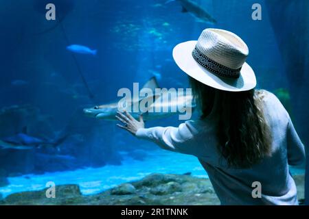 Una giovane donna tocca un pesce di razza in un tunnel oceanarium Foto Stock