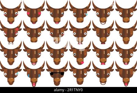 Emoji set, toro facce, felice sorridente mucche testa segni emozione isolata. Carino animal fumetto clip art, elementi emoticon per i social media. Smiley volti è Illustrazione Vettoriale