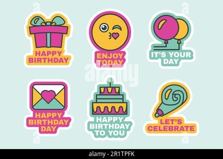 Adesivi per compleanno Set di etichette colorate per eventi Flat Design, Vector Illustration. Confezione regalo, palloncini, Holiday Cake Cute Comic Badges Collezione isolata Illustrazione Vettoriale