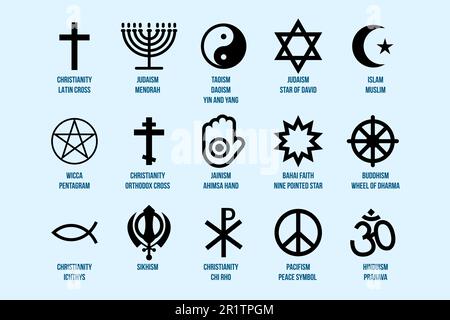 Set di segni religiosi. Collezione di simboli di varie icone di religione e fede isolato su sfondo blu Vector Illustration. Islam, Cristianesimo, J Illustrazione Vettoriale