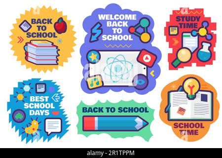 Torna a scuola set di adesivi carini con forniture scolastiche isolato su sfondo bianco. Etichette cartoni animati con libri e strumenti di scrittura per l'istruzione conce Illustrazione Vettoriale