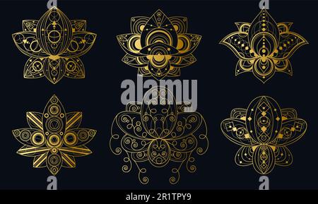 Fiore di loto con ornamento geometrico set di illustrazioni lineari. Confezione di simboli sacri indiani Illustrazione Vettoriale