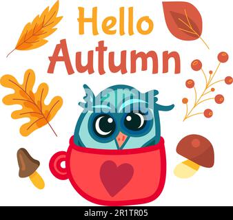 Modello di adesivo autunnale per cartoni animati con gufo in tazza carina. Design creativo stagionale con foglie gialle e funghi sullo sfondo. Adorabile vettore malato Illustrazione Vettoriale