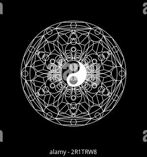 Mandala Oriental Pattern con Yin Yand segno contorno su sfondo nero. Illustrazione vettoriale di linea dell'elemento ornamentale orientale per la cultura, lo yoga, tra Illustrazione Vettoriale