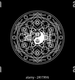 Mandala Oriental Pattern con Yin Yand segno contorno su sfondo nero. Illustrazione vettoriale di linea dell'elemento ornamentale orientale per la cultura, lo yoga, tra Illustrazione Vettoriale