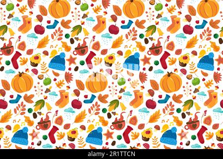 Modello autunnale senza cuciture con simpatici ornamenti autunnali: Calze a maglia, cappello, zucca, tazze da tè su sfondo bianco. Modello divertente per tessuti o wrap Illustrazione Vettoriale