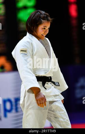 Doha, Qatar, 8 maggio 2023. Uta Abe del Giappone reagisce nella medaglia d'oro femminile -52kg durante i Campionati Mondiali di Judo 2023 - Day 2 a Doha, Qatar. 8 maggio 2023. Credito: Nikola Krstic/Alamy Foto Stock