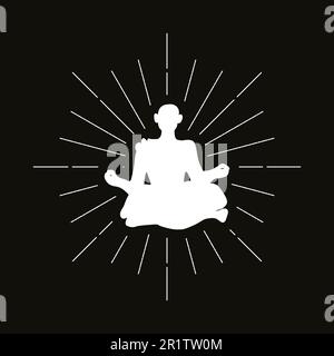 Logo retrò con silhouette eremita. Segno monaco e logotipo vintage. Icona meditazione. Simbolo dello yoga. Vettore Illustrazione Vettoriale