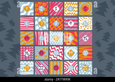 Dicembre festivo avvento calendario flat vettoriale illustrazione. Conto alla rovescia di Natale. Set di scatole regalo Illustrazione Vettoriale