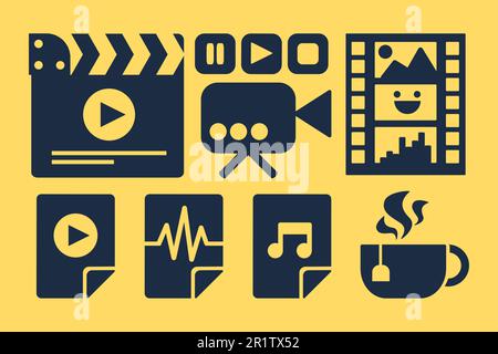 Set di adesivi neri e gialli Cinema Business. Multimedia tempo libero, accessori per ricreazione casa Illustrazione Vettoriale